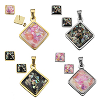 Fashion Stainless Steel Jewelry Sets, pendant & earring, with Shell, Rhombus, plated, natural & epoxy gel, more colors for choice, 19x22x6.5mm, 14x14x17.5mm, Hole:Approx 2.5x5.5mm, 10Sets/Lot, Sold By Lot