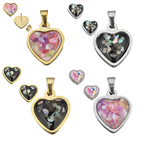Fashion Stainless Steel Jewelry Sets, pendant & earring, with Shell, Heart, plated, natural & epoxy gel, more colors for choice, 14x17x4.5mm, 14x14x15.5mm, Hole:Approx 2.5x5.5mm, 10Sets/Lot, Sold By Lot