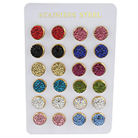 Rhinestone Earring Stainless Steel with Rhinestone Clay Pave Flat Round gold color plated mixed colors Sold By Bag