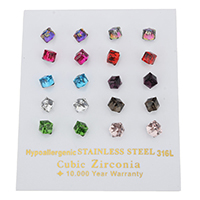 Boucles d'oreilles cristal, avec acier inoxydable, cube, couleurs mélangées, 6x17mm, 10pairescouple/sac, Vendu par sac