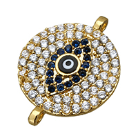 Evil Eye Connector, Brass, Flat Round, real gold plated, evil eye pattern & micro pave cubic zirconia & enamel & 1/1 loop, nickel, lead & cadmium free, 19.50x15x2mm, Hole:Approx 1.5x1mm, 20PCs/Lot, Sold By Lot