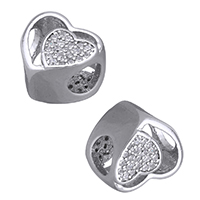 Cubic Zirconia Micro Pave Brass European Beads, Heart, platinum plated, micro pave cubic zirconia & without troll, nickel, lead & cadmium free, 10.50x9.50x7mm, Hole:Approx 4.5x4mm, 30PCs/Lot, Sold By Lot