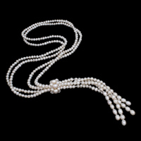 Пресноводные перлы ожерелье цепи свитера, Пресноводные жемчуги, с Пластик с медным покрытием, Форма картофеля, натуральный, стиль лассо, 5-6mm, Продан через Приблизительно 37.5 дюймовый Strand