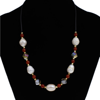 Natural Freshwater Pearl Necklace, with Red Agate & Silicone & Brass, with 5cm extender chain, Baroque, gold color plated, flower cut & faceted, 11-12mm, Sold Per Approx 17 Inch Strand
