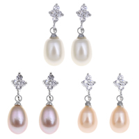Freshwater Pearl Earrings, with Brass, Flower, platinum color plated, natural & with cubic zirconia, more colors for choice, 7-8mm, 8x23mm, Sold By Pair