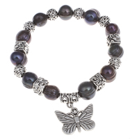 Freshwater Cultured Pearl Bracelet Freshwater Pearl with Zinc Alloy Butterfly antique silver color plated dyed & charm bracelet 10-11mm Sold Per Approx 7 Inch Strand