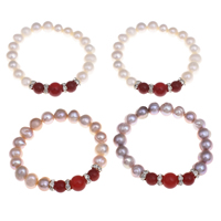 Freshwater Cultured Pearl Bracelet Freshwater Pearl with rhinestone brass spacer & Red Agate Potato natural 9-10mm Sold Per Approx 6.5 Inch Strand
