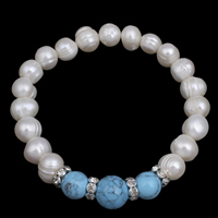 Bracelet en perles de culture d'eau douce, perle d'eau douce cultivée, avec entretoise laiton strass & turquoise synthétique, pomme de terre, 7-8mm, Vendu par Environ 7 pouce brin