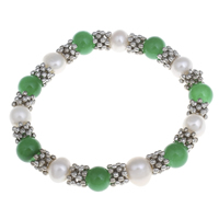Freshwater Cultured Pearl Bracelet, Freshwater Pearl, with Green Agate & Tibetan Style, platinum color plated, natural, 7-8mm, Sold Per Approx 7 Inch Strand