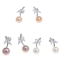 Freshwater Pearl Earrings, Brass, with Freshwater Pearl, Button, platinum color plated, natural & with cubic zirconia & faceted, more colors for choice, 6-7mm, 7x17x6mm, Sold By Pair