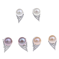 Freshwater Pearl Earrings, Brass, with Freshwater Pearl, Wing Shape, platinum color plated, natural & micro pave cubic zirconia, more colors for choice, 8-9mm, 9x15x9mm, Sold By Pair