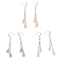Freshwater Pearl Earrings, Brass, with Freshwater Pearl, Rice, platinum color plated, natural & with rhinestone, more colors for choice, 6-7mm, 14x57mm, Sold By Pair