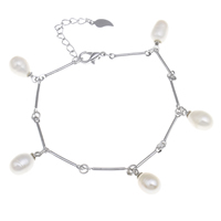 Bracelet en perles de culture d'eau douce, perle d'eau douce cultivée, avec laiton, avec 4cm chaînes de rallonge, riz, Placage de couleur platine, naturel & bracelet à breloques, 6-7mm, Vendu par Environ 6 pouce brin