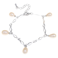 Sötvatten odlade Pearl Bracelet, Freshwater Pearl, med Mässing, med 4cm extender kedja, Ris, platina pläterad, naturliga & charm armband, 6-7mm, Såld Per Ca 6 inch Strand
