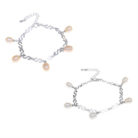 Freshwater Cultured Pearl Bracelet, Brass, with Freshwater Pearl, with 5cm extender chain, Rice, platinum color plated, natural & charm bracelet, more colors for choice, nickel, lead & cadmium free, 6-7mm, Sold Per Approx 4.5 Inch Strand