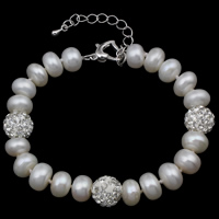 Freshwater Cultured Pearl Bracelet, Freshwater Pearl, with Rhinestone Clay Pave, with 4cm extender chain, Button, natural, white, 8-9mm, Sold Per Approx 6 Inch Strand