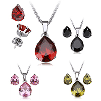 Cubic Zirconia Stainless Steel Jewelry Sets earring & necklace Teardrop oval chain & with cubic zirconia & faceted Length Approx 18 Inch Sold By Set