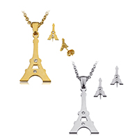 Rhinestone Stainless Steel Jewelry Set, earring & necklace, Eiffel Tower, plated, oval chain & with rhinestone, more colors for choice, 15.5x28x2mm, 2x2.5x0.5mm, 8x12.5x13mm, Length:Approx 20 Inch, Sold By Set