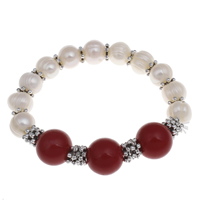 Freshwater Cultured Pearl Bracelet, Freshwater Pearl, with Natural Coral & Tibetan Style, Round, antique silver color plated, natural, 9-10mm, Sold Per Approx 6 Inch Strand