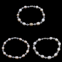 Freshwater Cultured Pearl Bracelet, Freshwater Pearl, with Crystal & Glass Seed Beads, brass magnetic clasp, Rice, natural, faceted, more colors for choice, 6-7mm, Sold Per Approx 7 Inch Strand