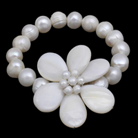 Sötvatten odlade Pearl Bracelet, Freshwater Pearl, med White Shell & Mässing, Blomma, platina pläterad, naturliga, 44x15mm, Såld Per Ca 6.5 inch Strand