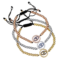 Evil Eye Woven Ball Bracelet, Brass, with Nylon Cord, plated, with eye pattern & adjustable & micro pave cubic zirconia & epoxy gel, more colors for choice, nickel, lead & cadmium free, 19.5x14x3mm, 4mm, Length:Approx 6-9 Inch, 10Strands/Lot, Sold By Lot