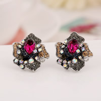 Rhinestone Earring Zinc Alloy brass earring post and Omega clip Flower antique silver color plated with rhinestone nickel lead & cadmium free Sold By Lot