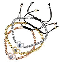 Evil Eye Woven Ball Bracelet, Brass, with Nylon Cord, Heart, plated, with eye pattern & adjustable & micro pave cubic zirconia & epoxy gel, more colors for choice, nickel, lead & cadmium free, 18.5x11.5x3mm, 4mm, Length:Approx 6-10 Inch, 10Strands/Lot, Sold By Lot