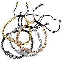 Brass Woven Ball Bracelets, with Nylon Cord, plated, adjustable & micro pave cubic zirconia, more colors for choice, nickel, lead & cadmium free, 7x8mm, 4mm, Length:Approx 6-9 Inch, 5Strands/Lot, Sold By Lot