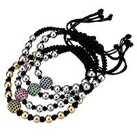 Brass Woven Ball Bracelets, with Nylon Cord, plated, adjustable & micro pave cubic zirconia, more colors for choice, nickel, lead & cadmium free, 10mm, 6mm, Length:Approx 6-10 Inch, 10Strands/Lot, Sold By Lot