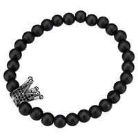 Black Agate Bracelets, with Brass, Crown, plumbum black color plated, natural & micro pave cubic zirconia & frosted, nickel, lead & cadmium free, 9x13x8mm, 6mm, Length:Approx 7 Inch, 10Strands/Lot, Sold By Lot