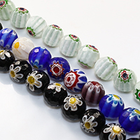 Murano Millefiori Lampwork Perle, rund, handgemacht, facettierte, keine, 12mm, Bohrung:ca. 2mm, Länge ca. 15 ZollInch, 10SträngeStrang/Menge, ca. 33PCs/Strang, verkauft von Menge