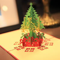 Tarjeta de felicitación de Navidad, Papel, Árbol de Navidad, palabra feliz Navidad, Efecto 3D & Joyas de Navidad, Rojo, 150x150mm, Vendido por UD