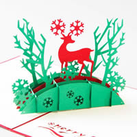 Christmas wenskaart, Papier, Christmas Reindeer, woord Merry Christmas, 3D-effect & Kerst sieraden, rood, 130x150mm, 10pC's/Lot, Verkocht door Lot