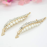 Plastic Pearl Brooch, Tibetan Style, with ABS Plastic Pearl, Leaf, gold color plated, with rhinestone, lead & cadmium free, 70x13mm, 3PCs/Bag, Sold By Bag