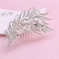 Bridal Decorative Hair Comb, Tibetan Style, with Crystal, Feather, silver color plated, for bridal & faceted & with rhinestone, lead & cadmium free, 100x60mm, 3PCs/Bag, Sold By Bag