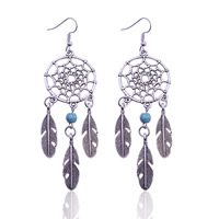 Tibetan Style Drop Earring, with Turquoise, iron earring hook, Feather, antique silver color plated, lead & cadmium free, 28x94mm, Sold By Pair