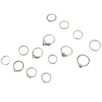 Zinc Alloy ring Set, fingerring, med Cats Eye & Syntetisk Turkis, jern ørering krog, antik sølv farve forgyldt, med rhinestone, flere farver til valg, nikkel, bly & cadmium fri, Størrelse:3-6.5, 3Tasker/Lot, 7pc'er/Bag, Solgt af Lot