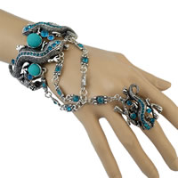 Tibetan Style Bracelet Ring, with Resin, with 4lnch extender chain, Gecko, antique silver color plated, with rhinestone, sea blue, nickel, lead & cadmium free, Inner Diameter:Approx 65mm, US Ring Size:8, Length:Approx 8 Inch, 3Strands/Lot, Sold By Lot