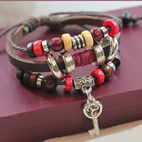 PU Leather Cord Bracelets with Waxed Linen Cord & Wood & Zinc Alloy with 5cm extender chain Key antique silver color plated adjustable &  180mm Sold Per Approx 7 Inch Strand