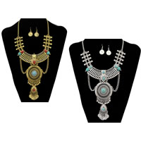 sweater chain necklace & earring, Tibetan Style, with Turquoise, iron earring hook, with 2lnch extender chain, plated, twist oval chain & with rhinestone, more colors for choice, nickel, lead & cadmium free, 10mm,110x140mm, Length:Approx 27 Inch, 3Sets/Lot, Sold By Lot