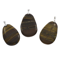 Natural Tiger Eye Pendants with iron bail Teardrop platinum color plated - Approx Sold By Bag