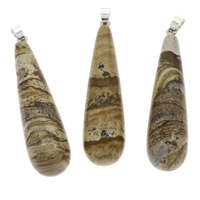 Picture Jasper Pendant with iron bail Teardrop platinum color plated - Approx Sold By Bag