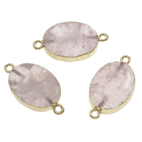 Rose Quartz Connector, with Iron, Flat Oval, gold color plated, natural & 1/1 loop, 28x14x7mm-29x16x8mm, Hole:Approx 2mm, 10PCs/Bag, Sold By Bag