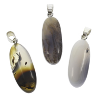 Ocean Calcedony Pendant, with iron bail, Flat Oval, platinum color plated, 12x32x6mm-13x35x7mm, Hole:Approx 3x5mm, 10PCs/Bag, Sold By Bag