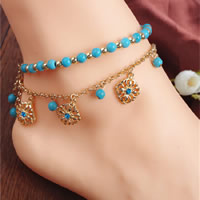 Zinc Alloy Anklet with Turquoise with 1lnch extender chain Flower gold color plated rolo chain nickel lead & cadmium free Length Approx 8 Inch  Sold By Lot