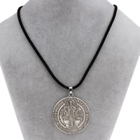 Tibetan Style Jewelry Necklace, with Linen Cotton, with 4cm extender chain, Flat Round, antique silver color plated, Christian Jewelry & with letter pattern, lead & cadmium free, 21x51x12mm, Sold Per Approx 17 Inch Strand
