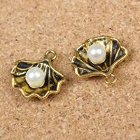 Tibetan Style Pendants, with Glass Pearl, Shell, antique gold color plated, nickel, lead & cadmium free, 15x15x6mm, Hole:Approx 1.5mm, 200PCs/Lot, Sold By Lot