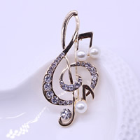 Rhinestone Brooch Zinc Alloy with ABS Plastic Pearl Music Note gold color plated with rhinestone lead & cadmium free Sold By PC