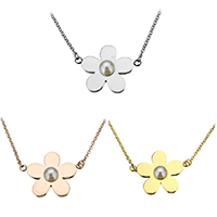 Stainless Steel Jewelry Necklace, with Glass Pearl, with 1.5lnch extender chain, Flower, plated, oval chain, more colors for choice, 25.5x20x5mm, 2x1.5mm, Length:Approx 16 Inch, 10Strands/Lot, Sold By Lot